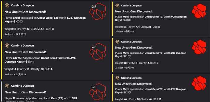 A screenshot showing multiple "Cambria Dungeon" notifications for "New Uncut Gem Discovered," listing appraisals by angel, zdx7587, Matti, and Rousseau for various Uncut Gem items.