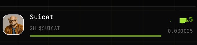 A profile card for the cryptocurrency 'Suicat' shows a cartoon avatar, a balance of '2M $SUICAT,' a market cap indicator of 5, and a price of 0.000005.
