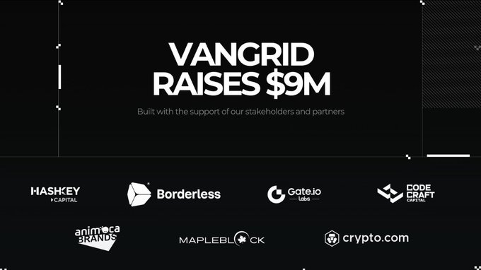 A promotional graphic announcing 'VANGRID RAISES $9M' with logos of stakeholders and partners below, including HashKey Capital, Borderless, Gate.io Labs, CodeCraft Capital, Animoca Brands, Mapleblock, and Crypto.com.
