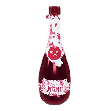 A dark red wine bottle with a decorative label featuring a pink teddy bear design and the text 'NGMI' is displayed against a white background.