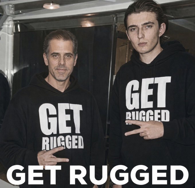 Two men in black "GET RUGGED" hoodies pose with serious expressions, with bold "GET RUGGED" text displayed at the bottom—a pointed reference to the crypto slang for investors getting financially scammed in failed or fraudulent projects, cleverly tying into the "Life in crypto" theme.
