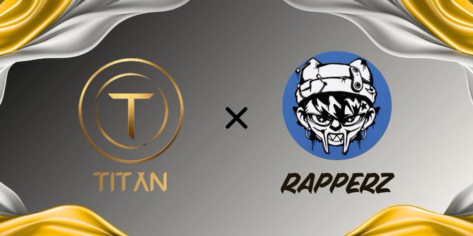 A promotional graphic featuring two logos separated by an 'x' mark on a background with gold and silver satin borders, labeled 'TITAN' (with a T logo) and 'RAPPERZ' (with a blue circular character icon).