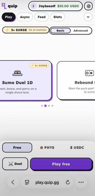 A mobile screenshot of the Quip gaming platform showing a 'Sumo Duel' game mode with options for Free or Duel play, displaying a wallet balance of '$55.00 USDC' for user 'Jaybeeff' and a 'Play free' button at the URL 'play.quip.gg'.