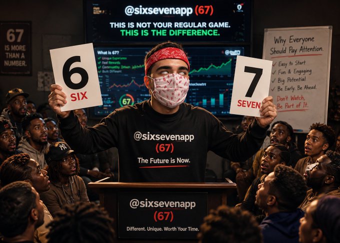A promotional image for @sixsevenapp (67), showing a man in a bandana and face mask holding up signs reading '6' and '7' with text stating 'THIS IS NOT YOUR REGULAR GAME. THIS IS THE DIFFERENCE.'