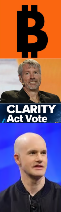 A vertical graphic featuring the Bitcoin 'B' logo above two portraits of men, with the text 'CLARITY Act Vote' displayed in the center.