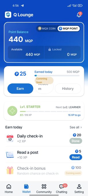 A screenshot of a 'Q Lounge' app showing a Point Balance of 440 MQP, an Earned today section, and various tasks like 'Daily check-in' and 'Read a post'.