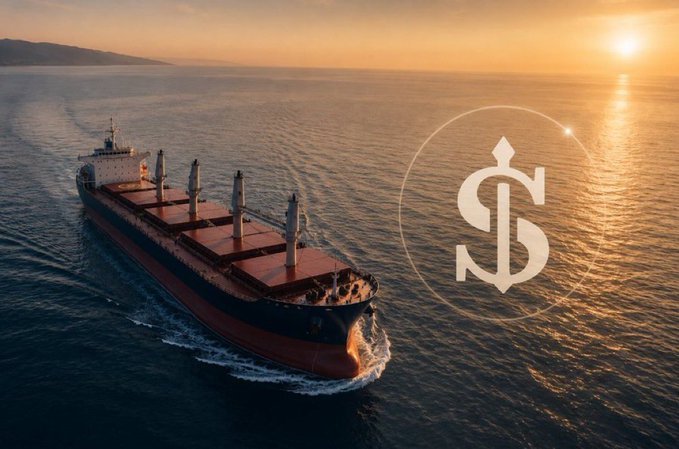 A large cargo ship sails on the ocean at sunset with a dollar sign logo overlaid on the water.