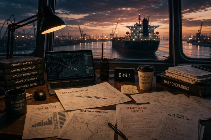 A dimly lit workspace at a port with a view of cargo ships through a window, featuring a laptop, coffee cups, and paperwork labeled 'CHARTER PARTIES', 'VOYAGE INSTRUCTIONS', 'FUEL REPORT', 'WEATHER ROUTING', 'DEMURRAGE NOTICE', and 'DAILY OPERATIONS', with a digital clock reading '04:31'.
