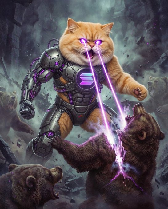 An orange cat wearing futuristic purple-lit armor shoots laser beams from its eyes at a group of bears in a dark, rocky environment.