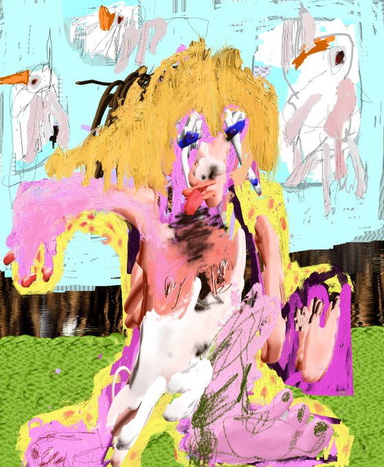A surreal, chaotic digital collage featuring a distorted figure with wild yellow hair, dripping pink elements, and a green textured background.