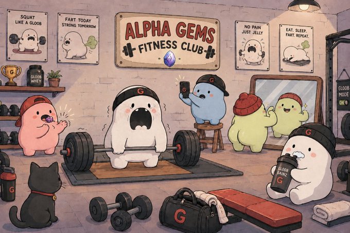 An illustrated "Alpha Gems Fitness Club" gym scene featuring cute cartoon ghosts and characters lifting weights, with motivational posters reading "Squash Like a Gloob," "Fart Today Strong Tomorrow," "No Pain Just Jelly," and "Eat Sleep Fart Repeat."