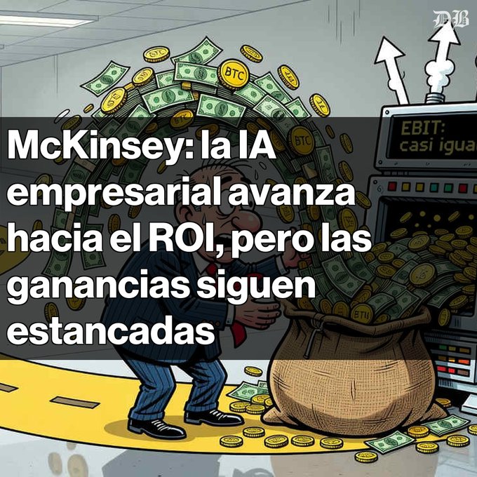 An illustration of a businessman collecting money and Bitcoin coins into a bag, with Spanish text reading 'McKinsey: la IA empresarial avanza hacia el ROI, pero las ganancias siguen estancadas' (McKinsey: business AI advances toward ROI, but profits remain stagnant).