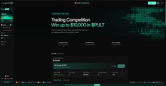 A screenshot of a Catapult Trading Competition webpage offering up to $10,000 in $PULT, showing a user's stats with $205.98 balance and various trading metrics.