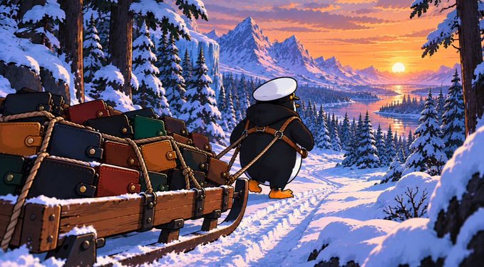 An illustration of a penguin in a sailor's hat pulling a sled loaded with luggage through a snowy mountain landscape at sunset.