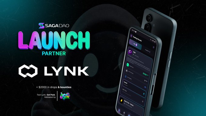 A promotional banner for "SAGADAO LAUNCH PARTNER" featuring the "LYNK" logo, advertising "+$2000 in drops & bounties" with text "Test Lynk, Get Paid, Validated by INSGR" alongside two smartphones displaying a crypto dashboard.