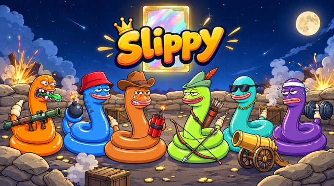 A colorful cartoon illustration titled 'Slippy' featuring a lineup of six snake-like characters dressed as soldiers with various weapons like a bazooka, dynamite, a bow, and a cannon, set against a night battle scene with a full moon.