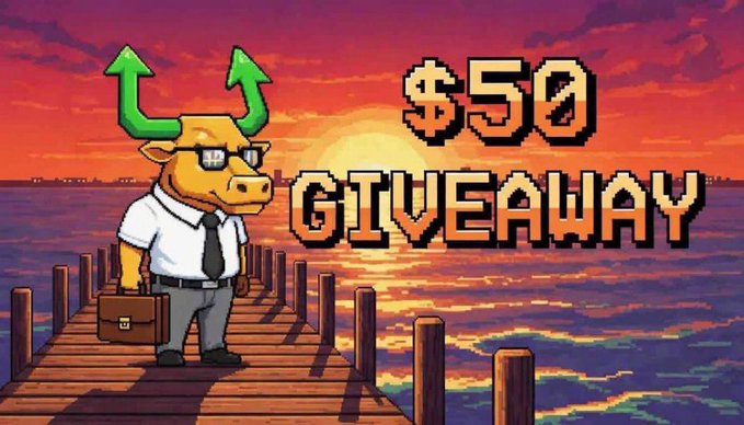 In this image, there's a cartoon bull standing on a dock with a sunset behind him. The bull has two horns and is wearing glasses. There are also some text elements in the image that read "50 Giveaway" and "$SOL or $THEROS to 2 winners! follow me and @TherosHQ like & RT ends in 48hrs - good luck sponsored ad".