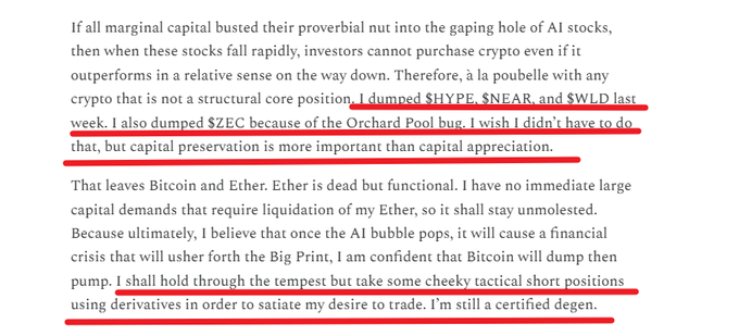 The image shows a white background with red text that reads "If all capitalised bust their providential nut into the gap hole of AI stocks, then when these stocks fall rapidly, investors can't buy crypto even if they have no money". The text is in black and red, making it stand out against the white background.