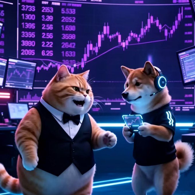 An anthropomorphic orange cat in a vest and bowtie stands next to a Shiba Inu wearing a gaming headset and holding a phone displaying a chart, both set against a backdrop of stock/crypto trading screens showing numbers like "3733," "2153," "5,533," and a candlestick chart. The image playfully captures the meme of trading partners sharing bullish excitement—fitting the caption prompt "When you and your trading buddy both say:" with both characters appearing hyped about the rising chart.