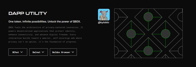 A website banner titled 'DAPP UTILITY' with the subtitle 'Unlock the power of $BDX', alongside an illustration of a dog with the handle '@kyf0t0rc' and menu options for DChat, Beimel, and Beldex Browser.