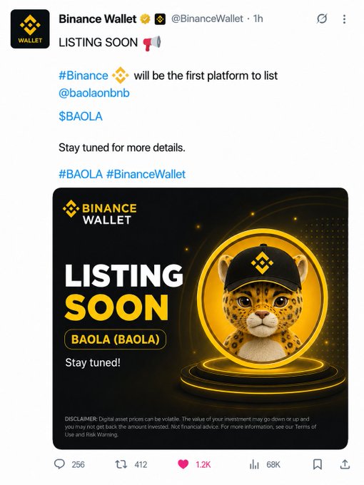 A Binance Wallet post announcing the upcoming listing of $BAOLA on Binance as the first platform, featuring a leopard mascot wearing a Binance cap and the text "LISTING SOON - BAOLA (BAOLA) - Stay tuned!" The image relates to the caption by promoting the $BAOLA token's imminent launch on Binance on August 30.