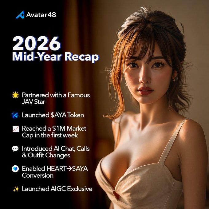 This image is a "2026 Mid-Year Recap" for Avatar48, highlighting milestones like partnering with a JAV star and launching the $AYA Token, which reached a $1M market cap in its first week. The attractive woman in the image likely represents the brand's aesthetic or a promotional tie-in related to the JAV star partnership.
