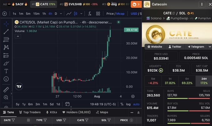 The image displays a TradingView chart for CATE/SOL (Catecoin) on PumpSwap via Pump.fun, showing a sharp upward price surge with the token reaching a $39.41M market cap and $0.03941 USD price, alongside a side panel confirming the 38,000 holders, 263,560 transactions, and 172% 24-hour gain noted in the post.