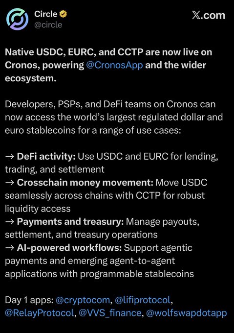 A tweet from Circle (@circle) announcing that native USDC, EURC, and CCTP are now live on Cronos, listing @wolfswapdottapp among the Day 1 apps integrated on the chain.