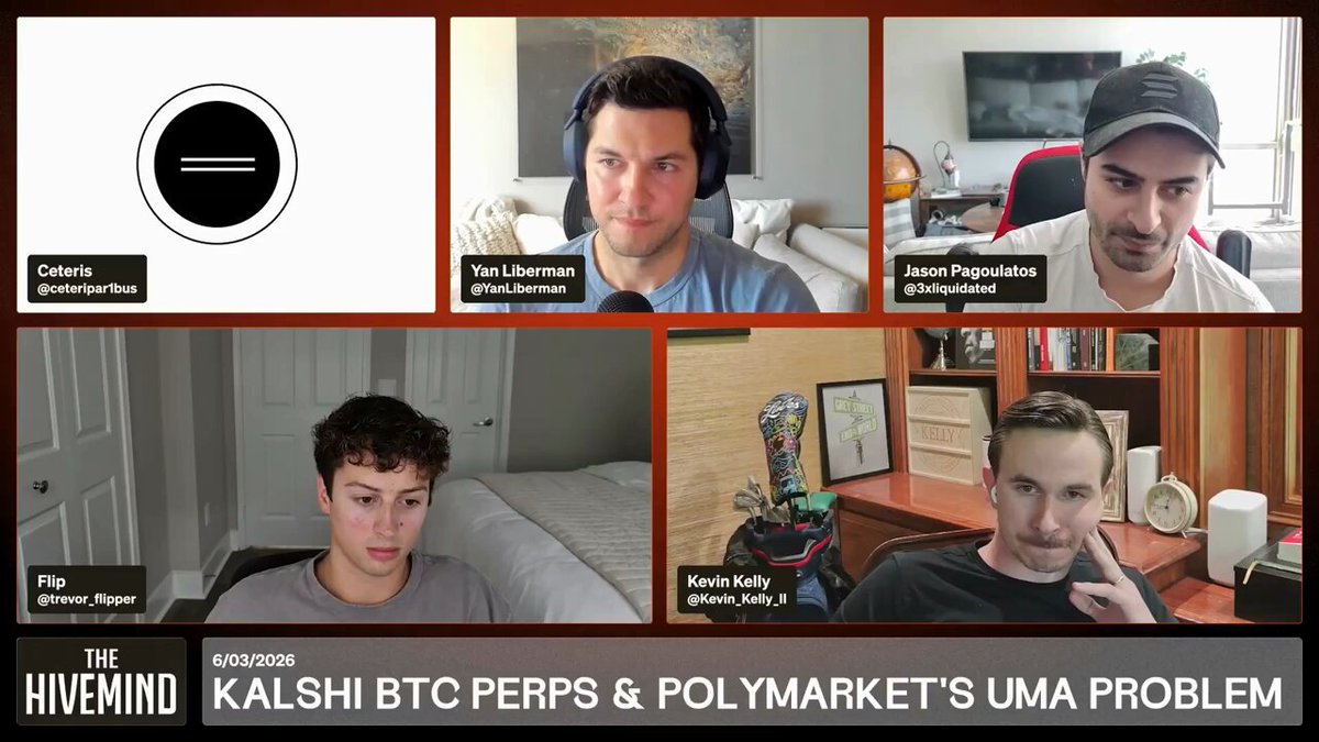 The image shows a group of five men sitting around a table, with one man wearing a baseball cap and another wearing a hat. The men are all looking at the camera, suggesting that they might be participating in an online meeting or event. In the background, there is a TV screen displaying the post about Jason explaining why Lighter's early token performance may be misleading.