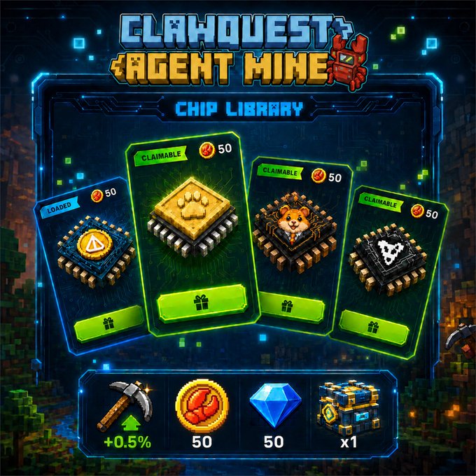The image features a poster for a video game called "Claw Quest Agent Mine" that includes four different chip libraries, each with its own unique set of items. The poster showcases these chip libraries along with their respective rewards, such as 50 CLAW Points or Diamonds and 50 X1 tokens. The post also mentions the connection to the Chip Library in ClawQuest, which is a mining bonus for players who hold enough tokens.