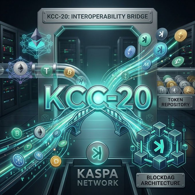 Digital artwork titled 'KCC-20: INTEROPERABILITY BRIDGE' depicting the Kaspa Network with cryptocurrency tokens (Bitcoin, Ethereum, etc.) flowing through glowing cyan pathways representing BlockDAG architecture.