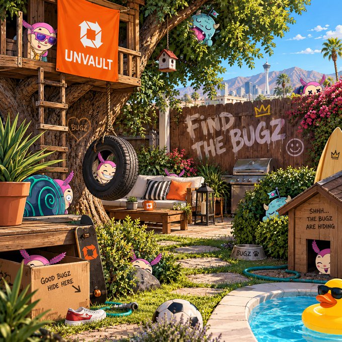A whimsical backyard treehouse scene with hidden cartoon "Bugz" characters scattered throughout, featuring an orange "UNVAULT" banner and graffiti reading "FIND THE BUGZ" on a wooden fence, promoting a giveaway where participants can search for the cleverly concealed Bugz creatures to win prizes before they become mint-only.