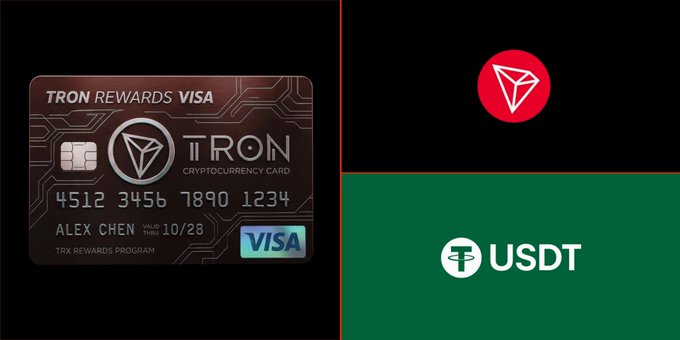 A promotional graphic for a “TRON REWARDS VISA” card beside the TRON cryptocurrency logo and a green “USDT” section.