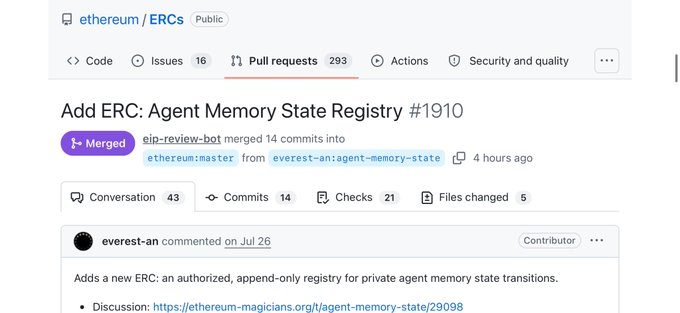 Screenshot of a GitHub pull request page titled 'Add ERC: Agent Memory State Registry #1910' in the ethereum/ERCs repository, showing it's merged with 14 commits.