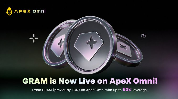 ApeX Omni announcement: 'GRAM is Now Live on ApeX Omni! Trade GRAM (previously TON) on ApeX Omni with up to 50x leverage.'