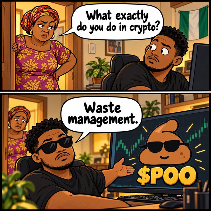 A two-panel comic where a mother in a purple floral dress asks 'What exactly do you do in crypto?' The son replies 'Waste management,' while showing a computer screen with a smiling poop emoji wearing sunglasses labeled '$POO' next to a rising green stock chart.