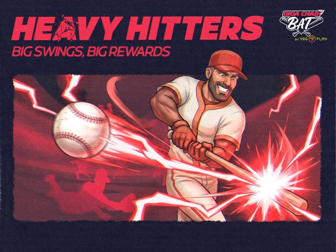 iced coffee with a red straw, "Heavy Hitters" logo, and "Big Swings, Big Rewards" text on a dark blue background.