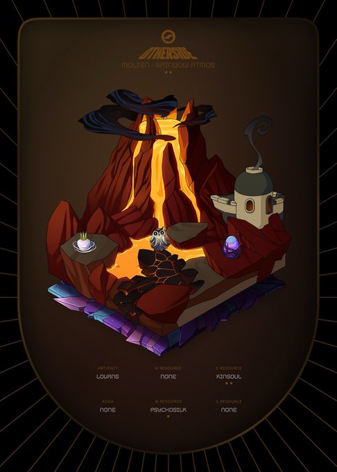 A 'MEASURE: MOLTEN / RINGING ATMOS' digital art card displays an isometric volcanic scene with a small owl character, lava, and gothic structures, crediting 'L. ART SOURCE: LOUANS', 'K. ART SOURCE: KINSOU', and 'W. ART SOURCE: PSYCHOSILK'.