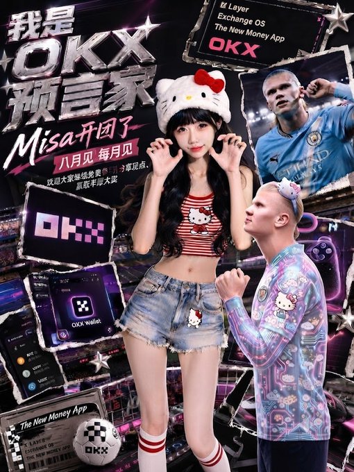 A promotional poster for OKX cryptocurrency exchange featuring a young woman in a Hello Kitty outfit and hat alongside soccer player Erling Haaland in a Manchester City jersey, with Chinese text '我是 OKX 预言家' and 'Misa 开局了'.