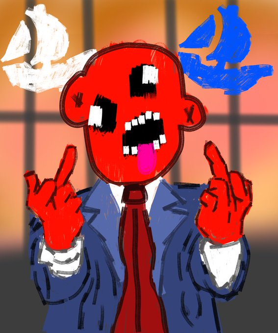 A cartoon-style illustration of a red-skinned character in a blue suit and red tie, with a white crescent shape and blue bird-like form near their head, giving a two-finger gesture.