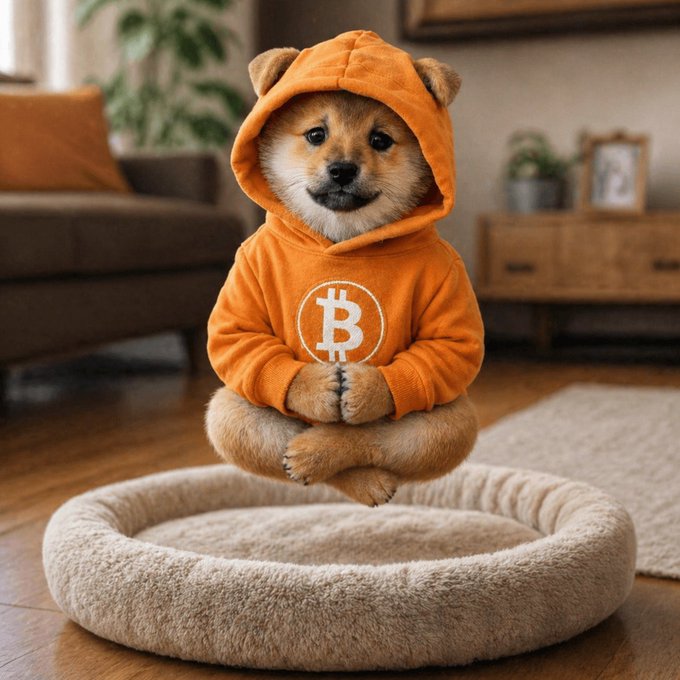 The image features a small brown dog wearing an orange hoodie that has the word "bitcoin" printed on it, sitting on top of a beige pet bed. The dog appears to be posing for the photo with its paws crossed and a smile on its face. The background includes a couch and a potted plant in the room. The image also contains text that reads "Hodl Strong with 𝐍𝐨𝐦𝐞𝐧𝐢𝐥𝐚𝐬" which is likely related to Bitcoin, possibly indicating an advertisement or promotion for cryptocurrency.