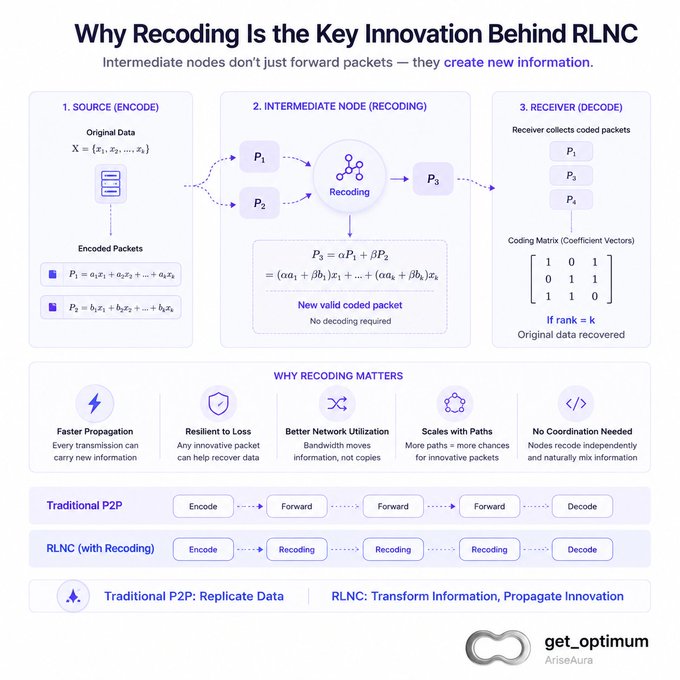 An infographic titled 'Why Recoding Is the Key Innovation Behind RLNC' by AriseAura's get_optimum, illustrating the process of source encoding, intermediate node recoding, and receiver decoding with mathematical formulas.