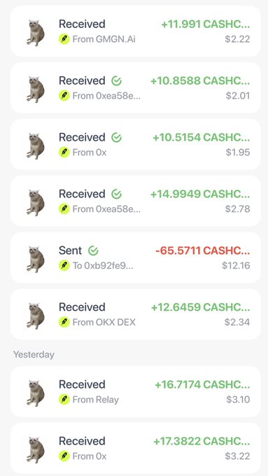A mobile wallet transaction history showing multiple CASHCAT token receipts from sources like GMGN.Ai, Oxea58e, OKX DEX, and Relay, totaling over $14 in received tokens alongside a $12.16 sent transaction. The list of incoming CASHC rewards illustrates the post's claim that the $CASHKITTEN token generates passive rewards through trading activity, with each transaction contributing real buy pressure to CASHCAT.