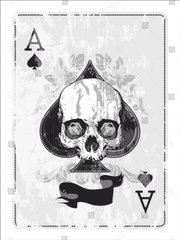 A stylized, dark artistic rendering of an Ace of Spades playing card featuring a skull design.