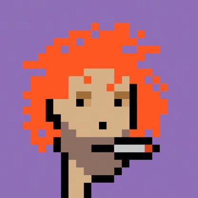 A pixelated illustration of a person with voluminous orange hair smoking a cigarette against a purple background.