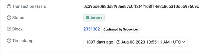 A blockchain transaction record showing Status: Success, Block: 2351382, and Timestamp: Aug-08-2023.