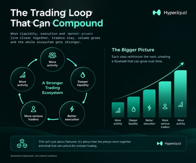 The image, titled "The Trading Loop That Can Compound" by Hyperliquid, illustrates a flywheel framework where "More activity" leads to "Deeper liquidity," then "More serious traders," then "Better execution," and back to "More activity," visualized as a circular flow and an ascending bar chart to emphasize ecosystem growth. It complements the post's focus on Hyperliquid's HyperCore by visually reinforcing how onchain trading infrastructure and activity reinforce one another to strengthen the platform over time.