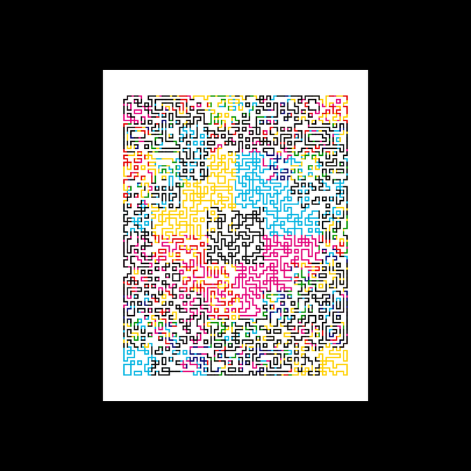 A colorful, intricate maze or labyrinth pattern with walls in black and other bright colors like pink, blue, yellow, and orange, contained within a white border on a black background.