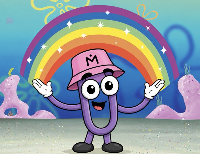 A purple cartoon letter 'M' character wearing a pink bucket hat with 'M' on it, standing in front of a rainbow in a colorful SpongeBob-style underwater scene.