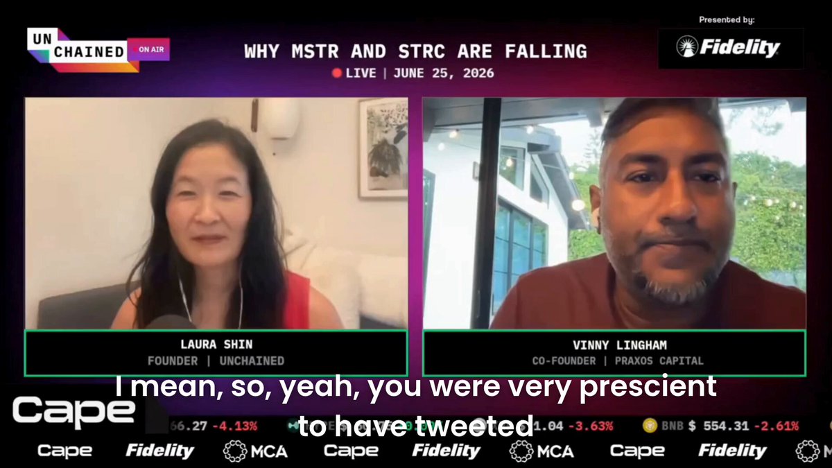 A split-screen broadcast from Unchained's "On Air" show dated June 25, 2026, features host Laura Shin interviewing Vinny Lingham (Co-Founder of Praxos Capital) under the headline "WHY MSTR AND STRC ARE FALLING," with a stock ticker showing MSTR down 4.13% and Coinbase down 3.63%. The image directly ties to the post, illustrating Lingham explaining how MicroStrategy's MSTR/STRC empire could collapse once the stock trades at a discount, leaving the company unable to raise cash and potentially running out within seven to nine months.
